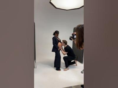 Romantic Couple Maternity Photoshoot in Valencia Studio  Baby Bump Kiss Moment